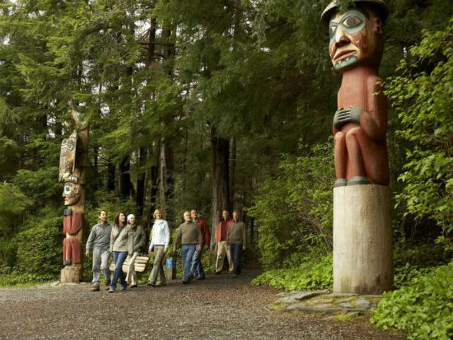 View totem pole carving at the Rainforest Sanctuary in Ketchikan, Alaska.